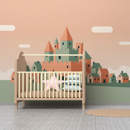 Kids-Mundo castle village wall mural with cottage rooftops styled on a kids bedroom wall