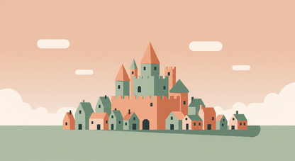 Flat artwork preview of the Kids-Mundo colourful castle village wall mural design