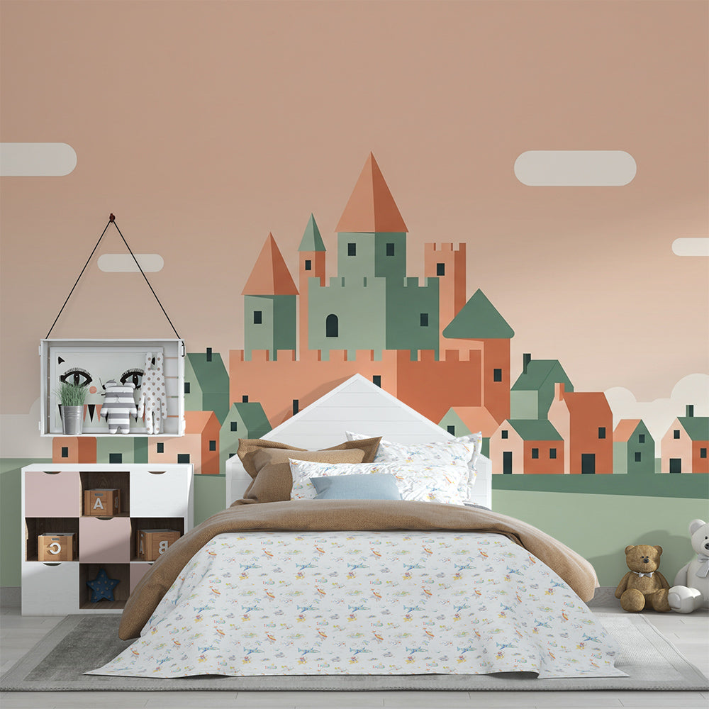 Kids-Mundo colourful castle village wall mural brightening a child's playroom