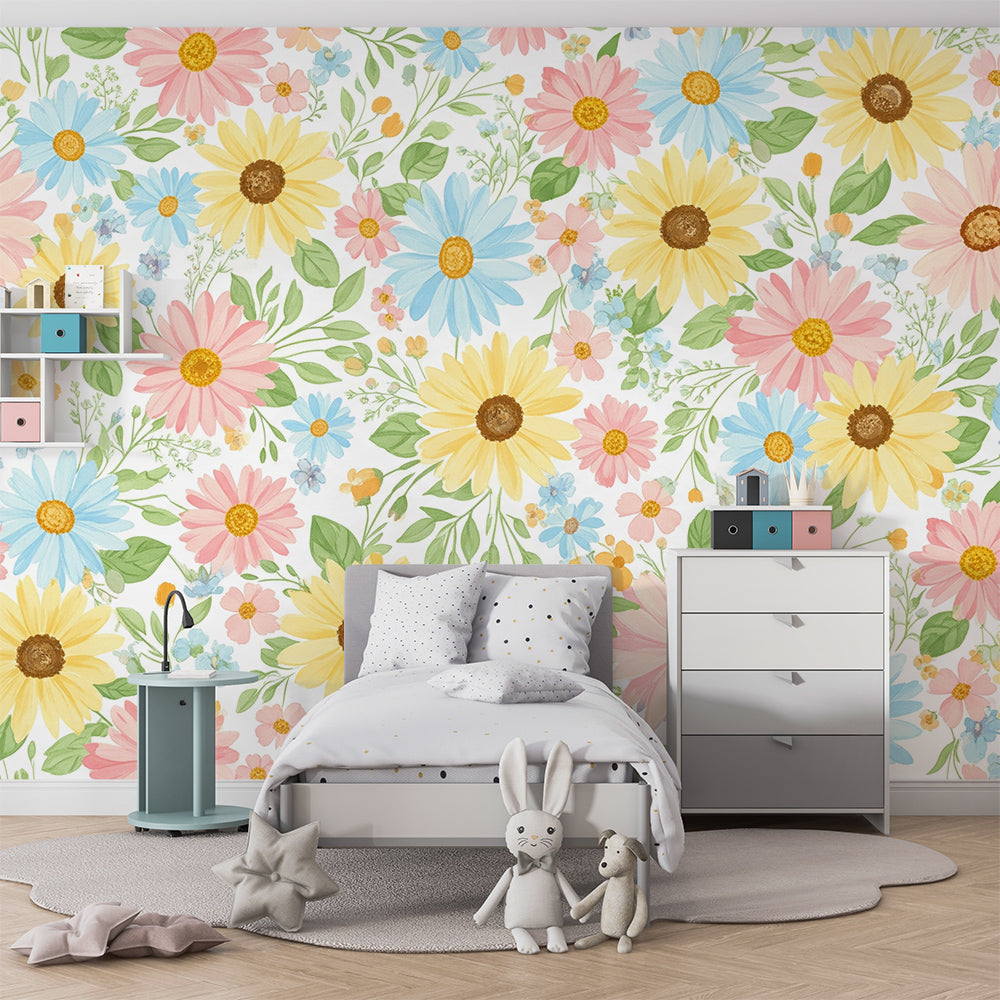Kids-Mundo daisy floral wall mural brightening a colourful children's playroom corner