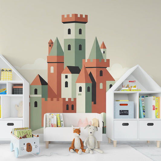 Kids-Mundo colourful castle mural on a feature wall in a playful children's bedroom.