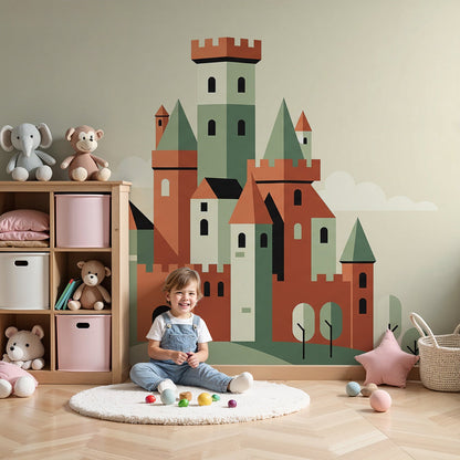 Kids-Mundo colourful castle wall mural styled in a bright, cheerful nursery room.