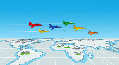 Kids-Mundo flat artwork of colourful jet planes flying over a stylised world map design
