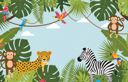 Kids-Mundo flat illustration of parrots, monkeys, a leopard and zebra in a jungle frame
