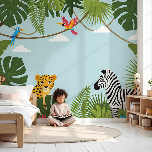 Kids-Mundo colourful jungle parrot wall mural shown in a bright blue nursery room