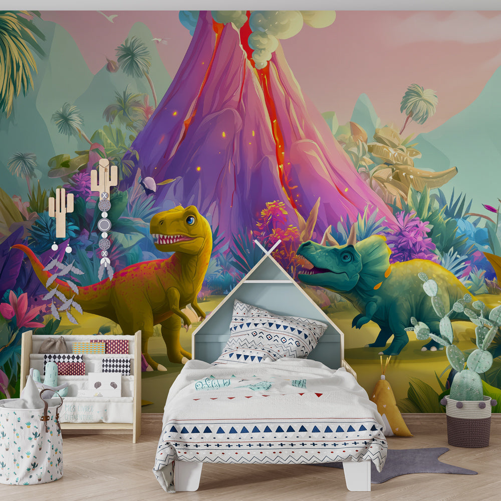 Kids-Mundo vivid dinosaur wall mural with a volcano behind a bed in a kids bedroom