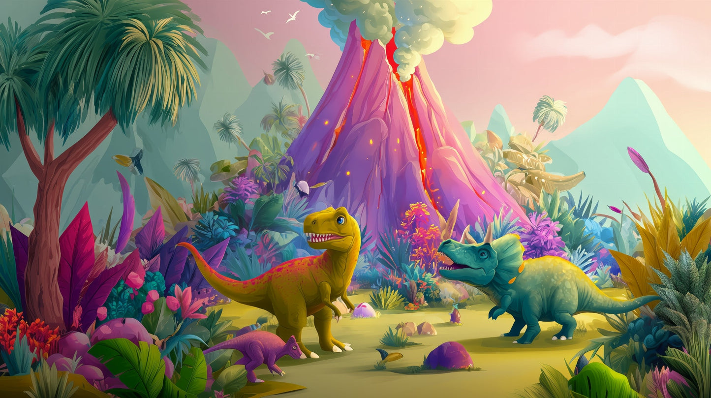 Kids-Mundo flat artwork of the colourful cartoon dinosaur and volcano wall mural design