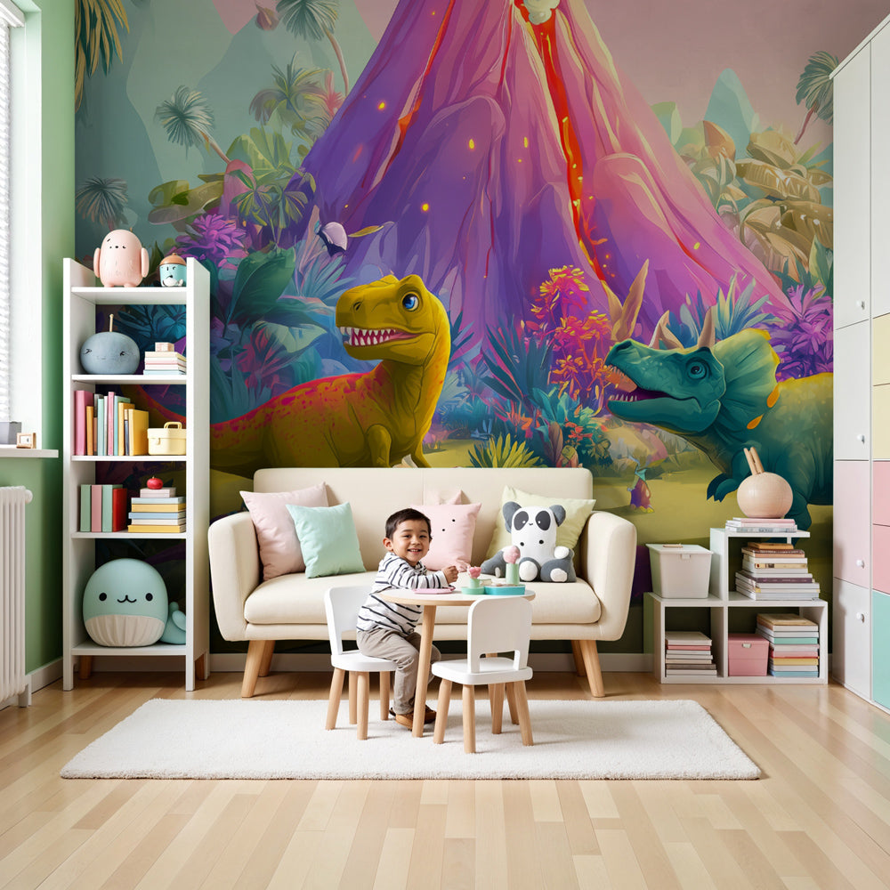 Kids-Mundo colourful dinosaur volcano wall mural in a bright playful nursery