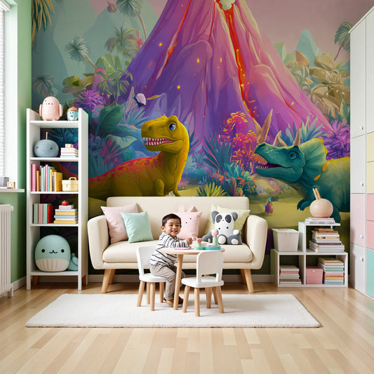 Kids-Mundo colourful dinosaur volcano wall mural in a bright playful nursery