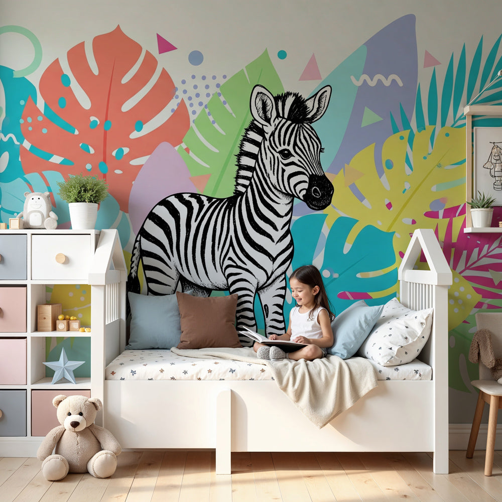 Kids-Mundo pop art zebra wall mural with colourful tropical leaves in a bright nursery room