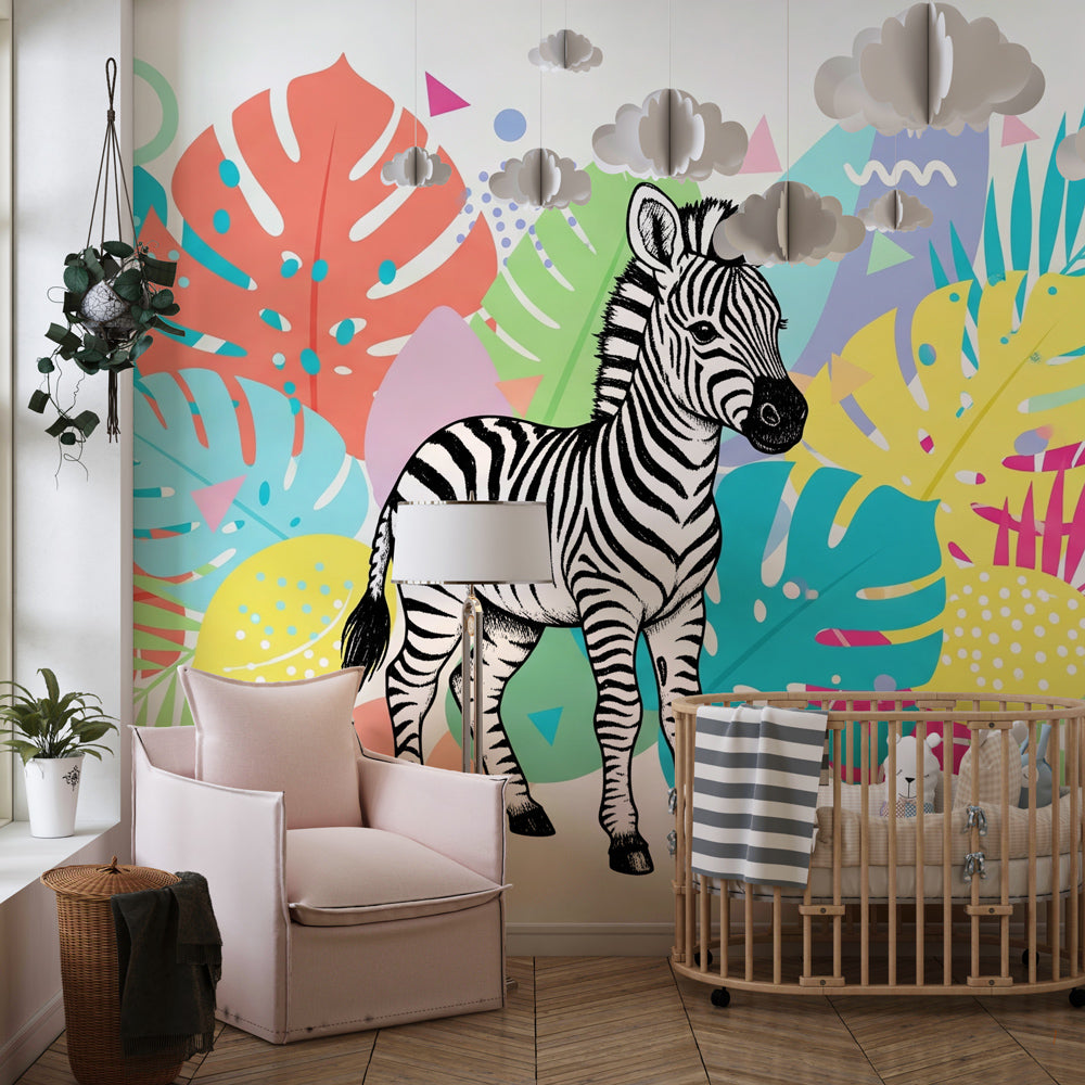 Kids-Mundo colourful pop art zebra mural with tropical leaves in a playful children's playroom