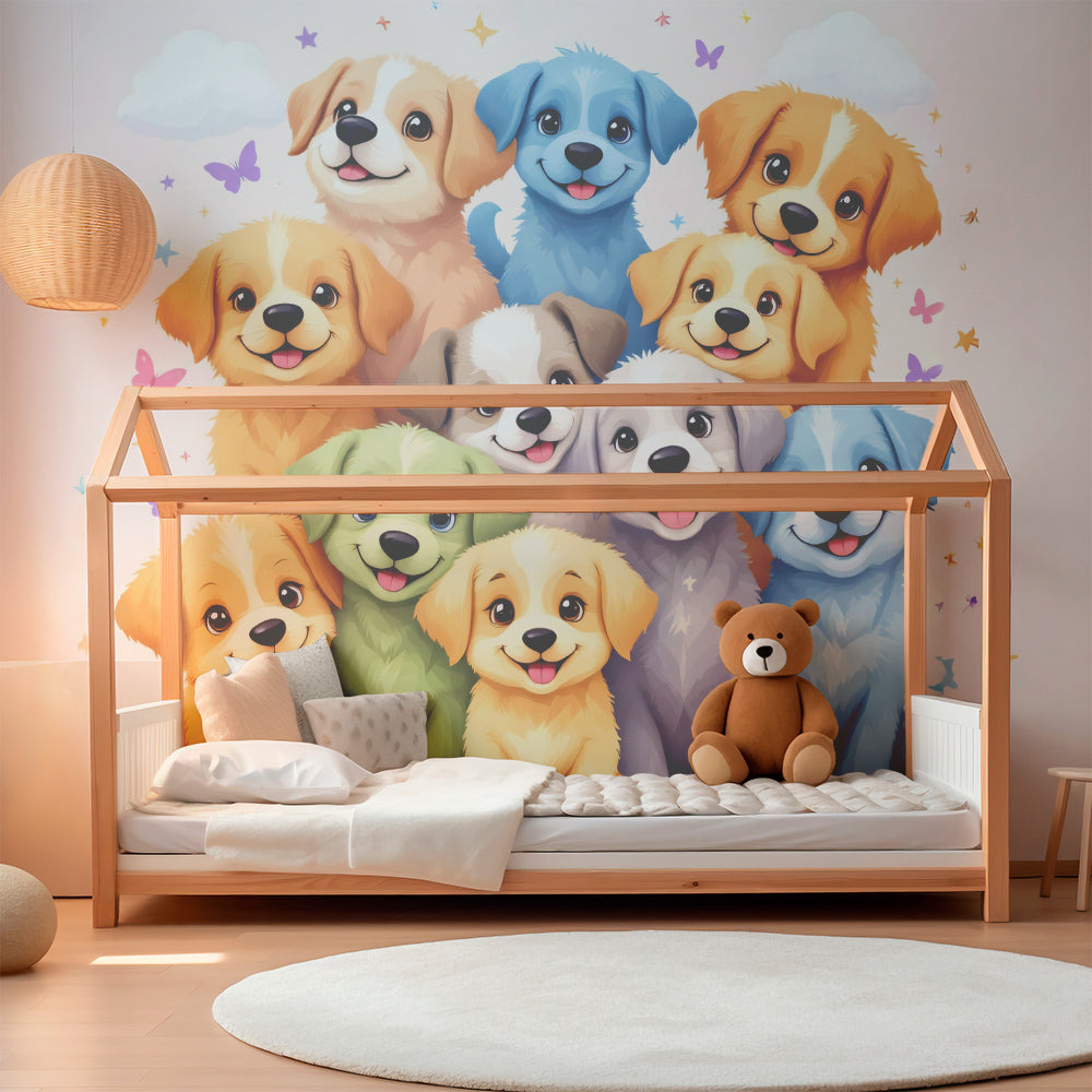 Kids-Mundo puppy pile wall mural covering a feature wall in a cheerful kids' bedroom