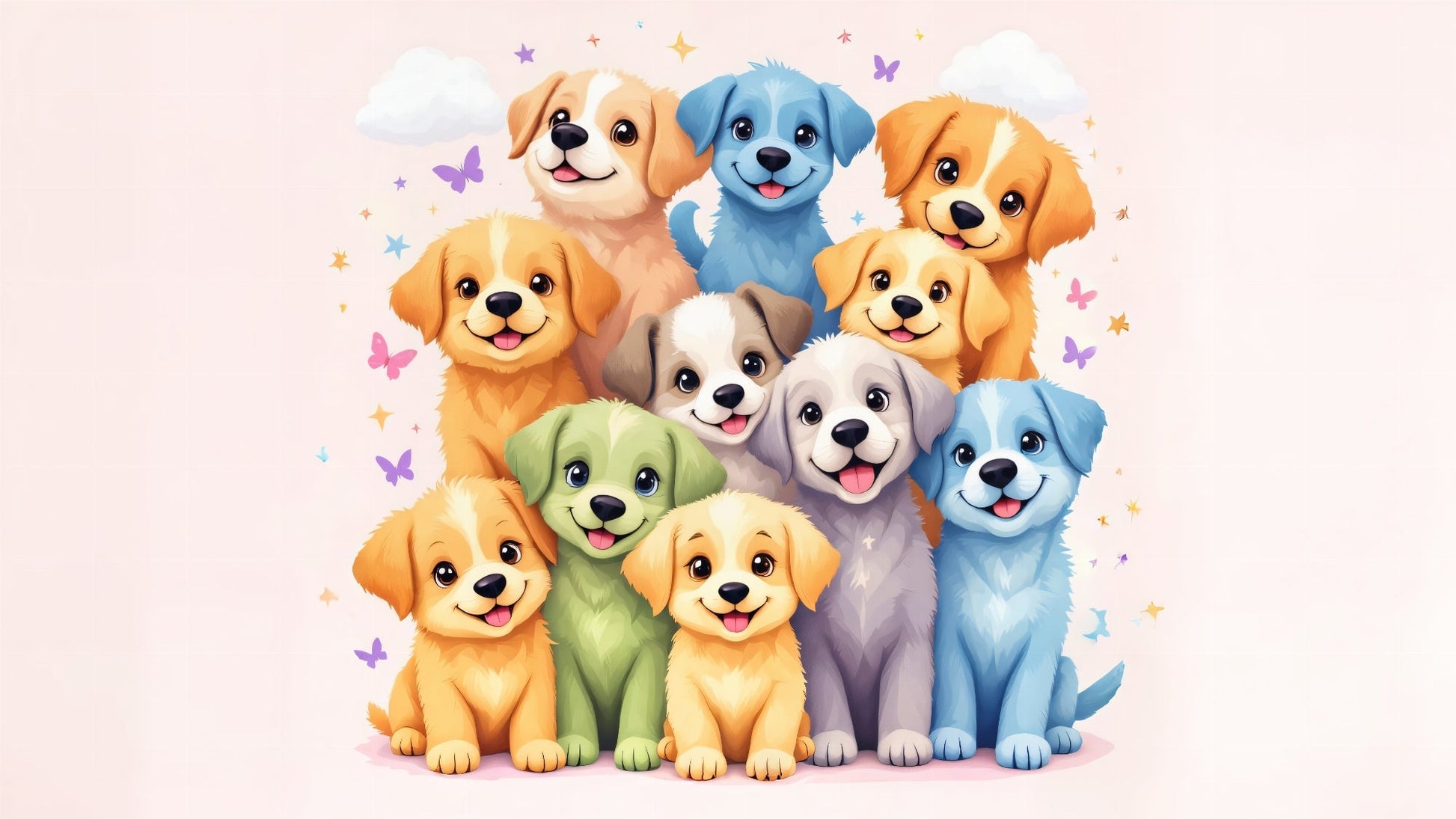 Kids-Mundo flat artwork of ten colourful puppies piled together among butterflies and stars
