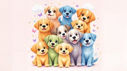 Kids-Mundo flat artwork of ten colourful puppies piled together among butterflies and stars