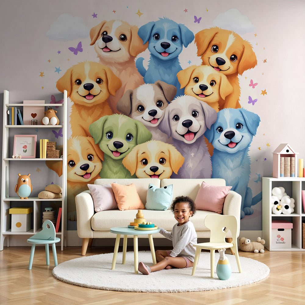 Kids-Mundo colourful puppies wall mural styled behind a cot in a bright, playful nursery
