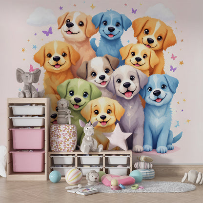 Kids-Mundo colourful puppies wall mural bringing joyful colour to a children's playroom