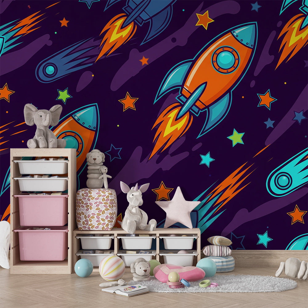 Kids-Mundo colourful rocket wall mural with comets and stars energising a children's playroom