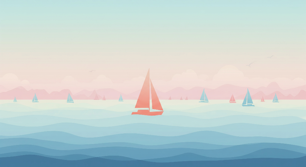 Kids-Mundo flat artwork of colourful sailboats on a calm pastel sea, ready for made-to-measure wall murals.