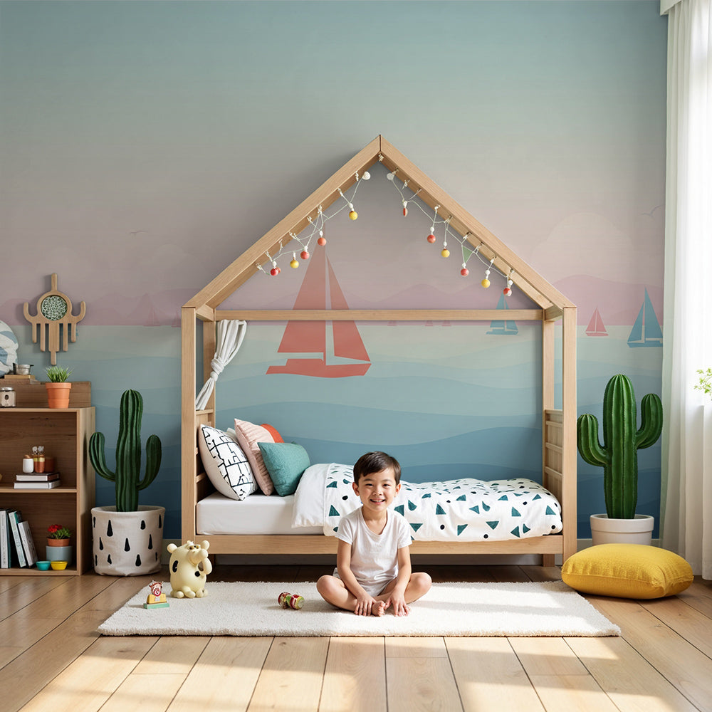 Kids-Mundo colourful sailboat wall mural styled as made-to-measure wallpaper in a calm baby's nursery.