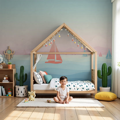 Kids-Mundo colourful sailboat wall mural styled as made-to-measure wallpaper in a calm baby's nursery.