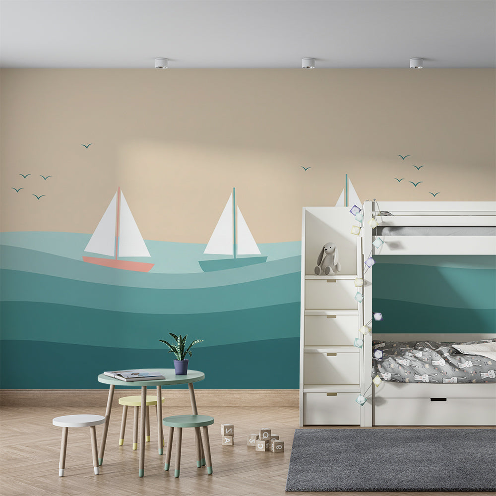 Kids-Mundo sailboat wall mural covering a kids bedroom wall behind a bed and shelves