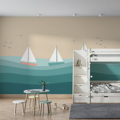Kids-Mundo sailboat wall mural covering a kids bedroom wall behind a bed and shelves