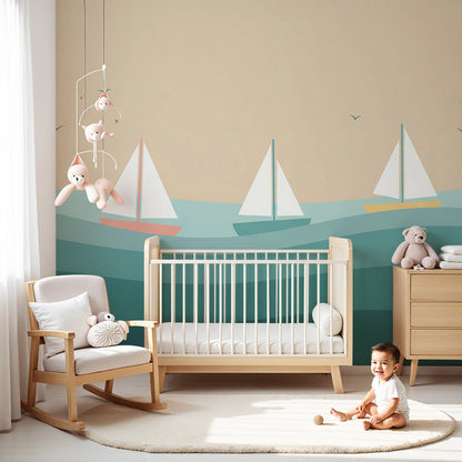 Kids-Mundo sailboat wall mural in a cream nursery behind a cot with layered wave bands