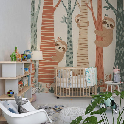 Kids-Mundo playful sloth wall mural set above toy shelving in a children's playroom