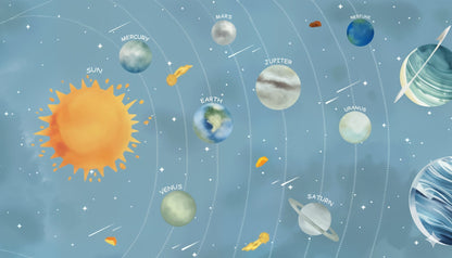 Kids-Mundo flat artwork of the sun and eight labelled planets orbiting on a soft blue sky