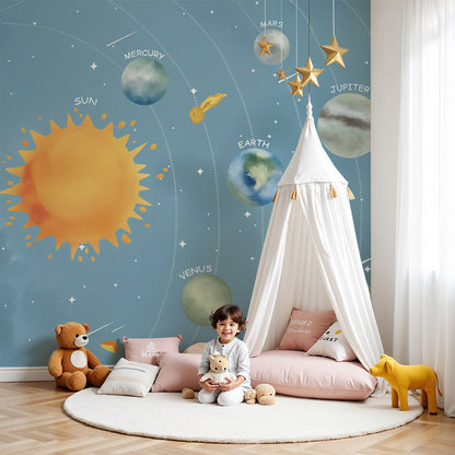 Kids-Mundo colourful solar system wall mural styled above a cot in a bright, calm blue nursery