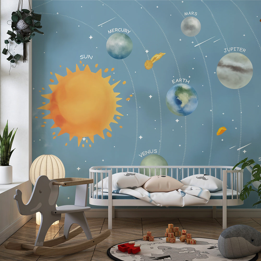 Kids-Mundo solar system wall mural bringing the sun and planets to a children's playroom
