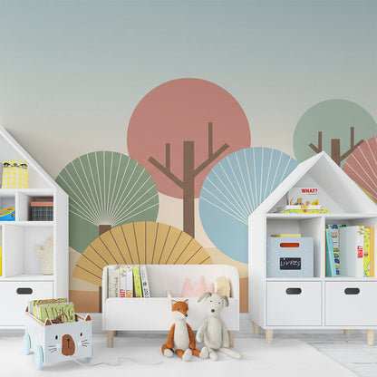 Kids-Mundo stylised tree wall mural covering a feature wall in a lively children's bedroom.