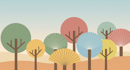 Kids-Mundo flat artwork of colourful round and fan-shaped stylised trees on a warm sandy hill.