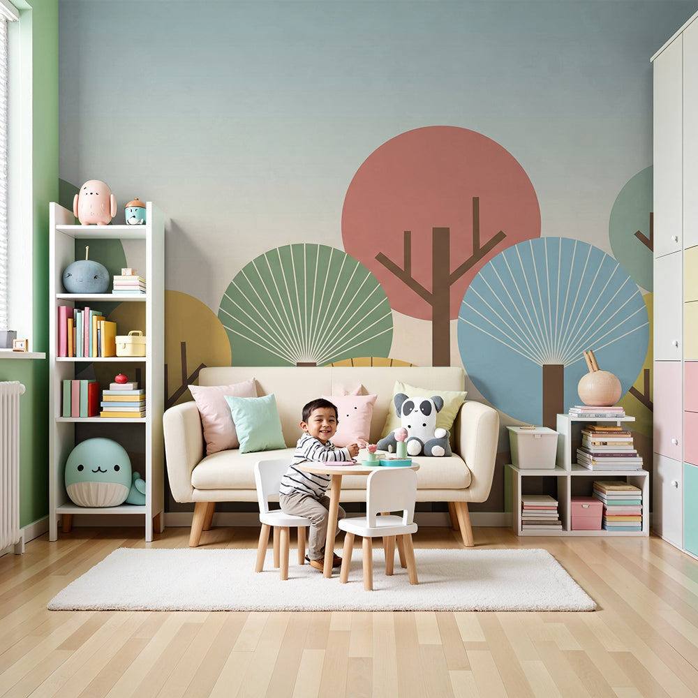 Kids-Mundo colourful tree wall mural styled above a cot in a bright, playful nursery.