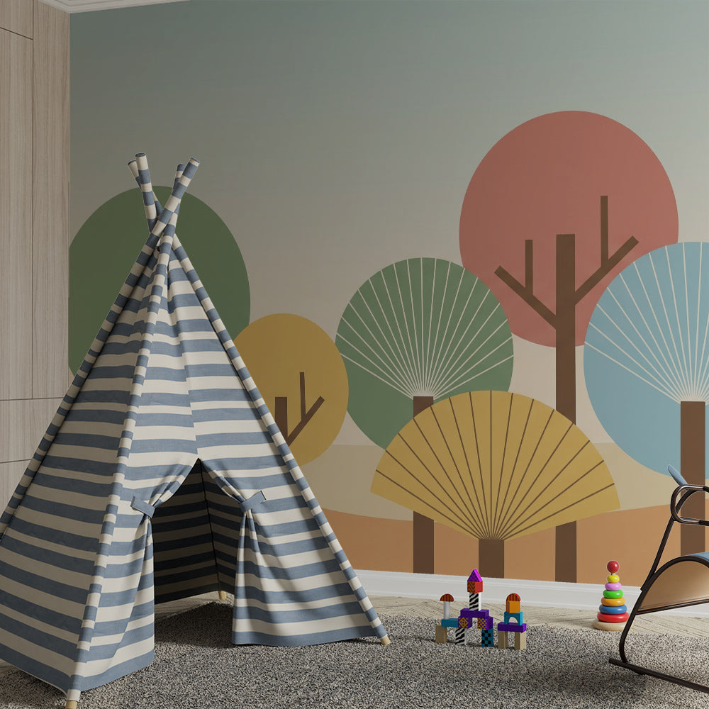 Kids-Mundo multicolour tree wall mural setting a cheerful scene in a busy family playroom.