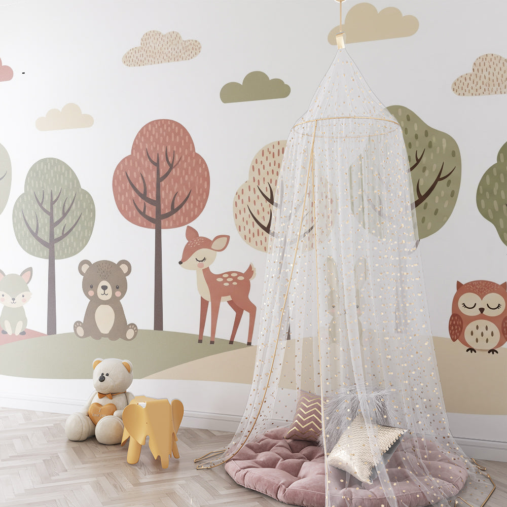 Kids-Mundo woodland friends wall mural with fox, bear and owl in a child's bedroom