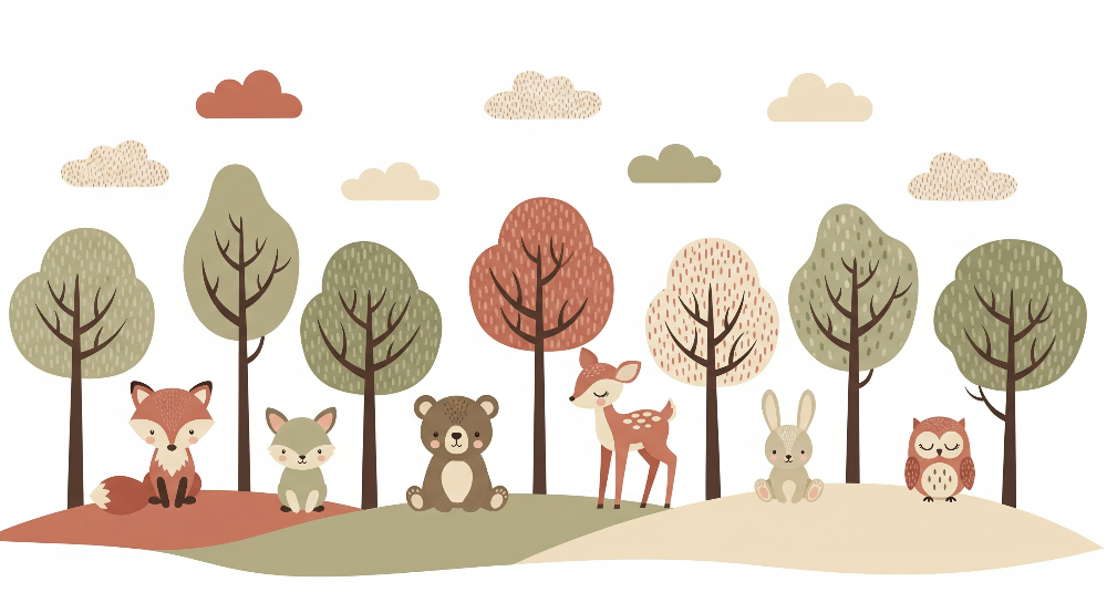 Woodland Friends with Colourful Trees Wall Mural