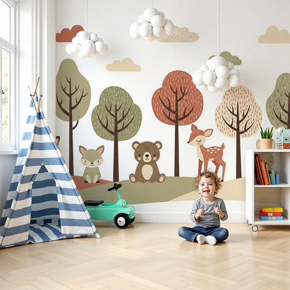 Kids-Mundo colourful woodland friends wall mural made to measure in a bright nursery