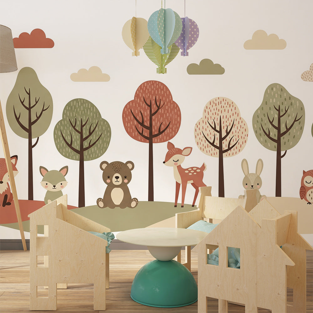 Kids-Mundo colourful woodland friends mural styled in a cheerful playroom setting