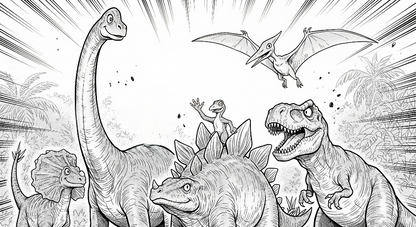 Kids-Mundo flat artwork of a black-and-white comic-style dinosaur adventure scene