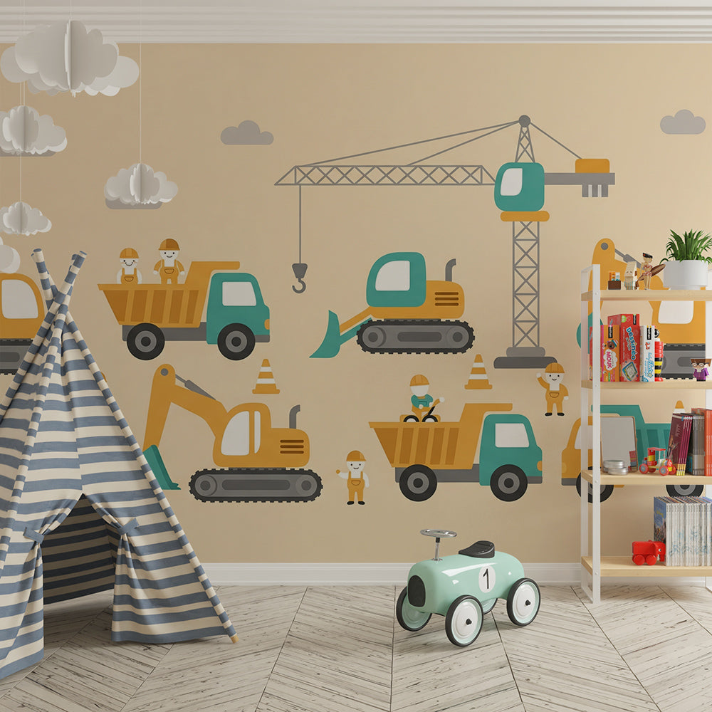 Kids-Mundo construction site wall mural styled in a fun children's bedroom