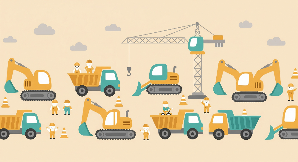 Kids-Mundo construction wall mural artwork featuring diggers, trucks and a crane