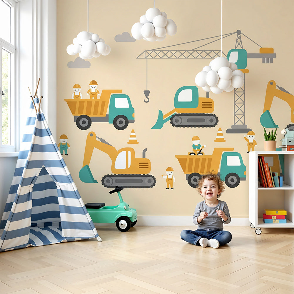 Kids-Mundo construction wall mural with diggers and cranes in a bright nursery room
