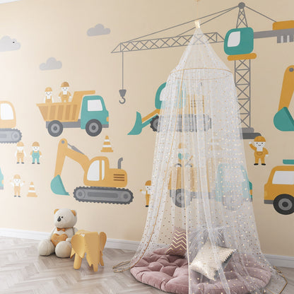 Kids-Mundo digger and crane wall mural decorating a colourful playroom wall