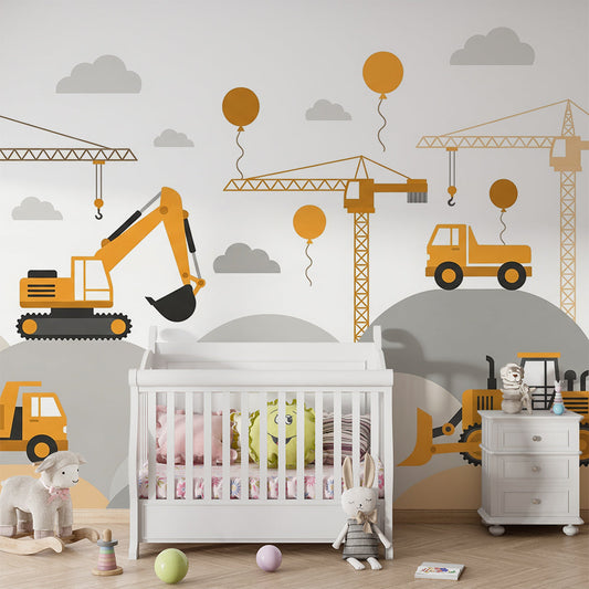Kids-Mundo digger and crane construction mural covering a feature wall in a kids' bedroom