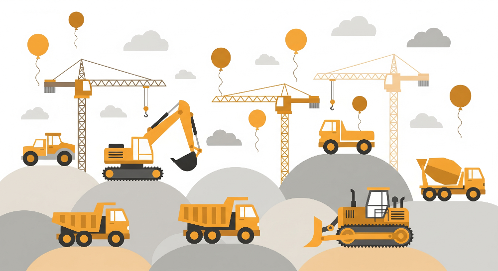 Kids-Mundo flat artwork of cranes, a digger, trucks and orange balloons on a construction site