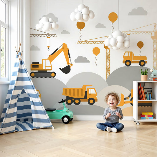 Kids-Mundo construction site wall mural with cranes and balloons styled in a bright nursery