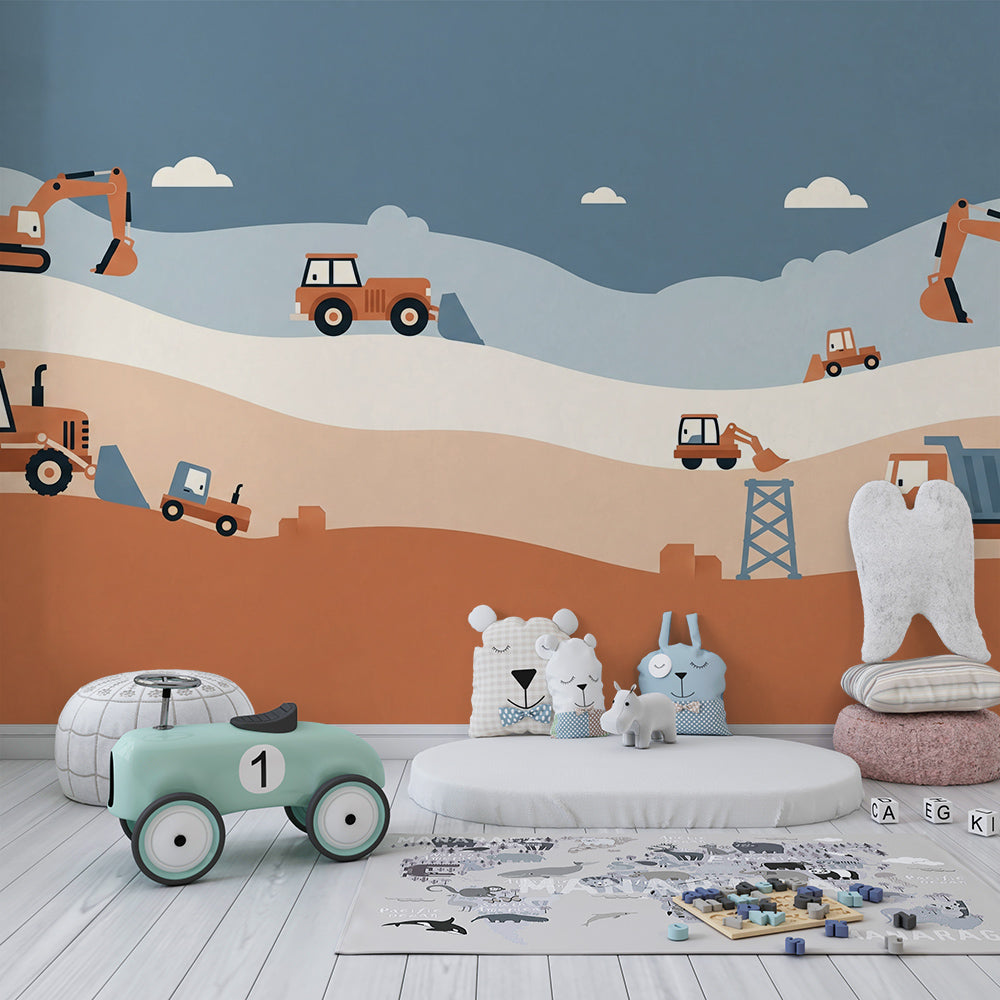 Kids-Mundo digger wall mural made to measure covering a feature wall in a boy's kids bedroom