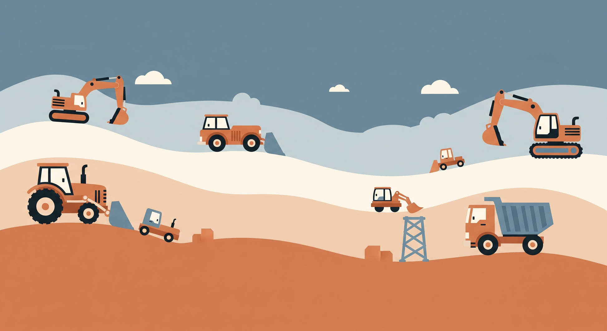 Kids-Mundo flat artwork of diggers, dump trucks and a tractor on terracotta hills under a blue sky