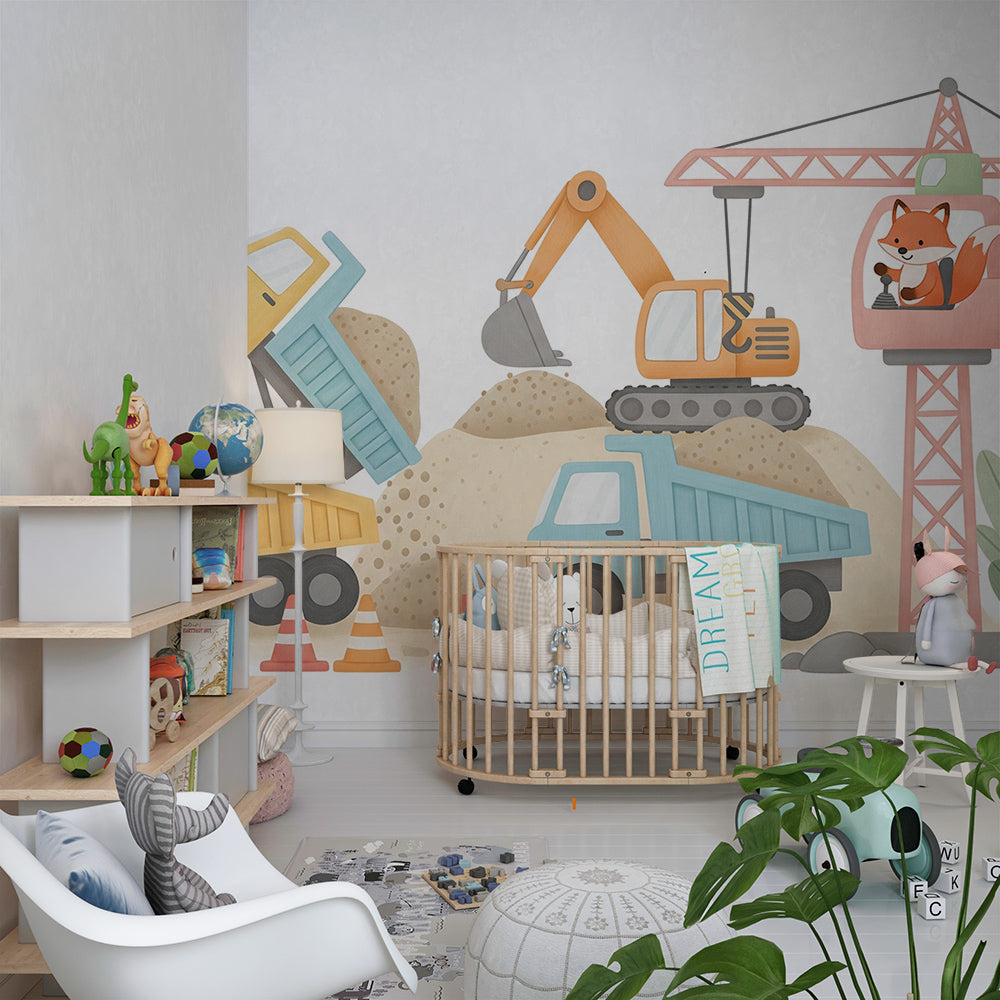 Kids-Mundo construction site wall mural with diggers and trucks brightening a playroom wall.